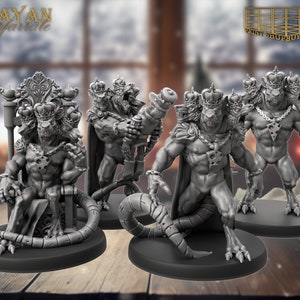 May include: Five grey, detailed, miniature figurines of rat-like creatures wearing crowns and holding cheese. The figures are posed in various positions, including sitting on a throne, standing, and holding a weapon.