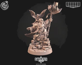 Dwarf Mage Wizard Miniature | Gold Dwarf Runsage with Owl Companion Figure | for D&D 5e, Pathfinder and other RPG's | 32mm