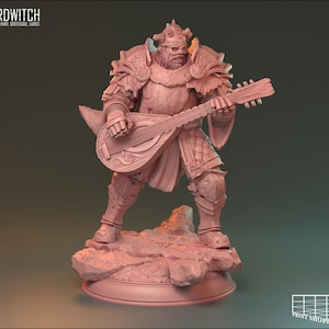 May include: A miniature figurine of a heavily armoured, bearded, humanoid figure playing a lute. The figure is standing on a rocky base and is painted in a light pink colour.