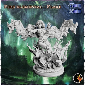 Miniatura de Maga de Fuego | Miniatura de Elemental de Fuego Femenina | para D&D 5e, Pathfinder y otros juegos de rol | 28 mm | 32 mm | 75 mm