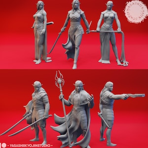 Könnte beinhalten: Fünf grau bemalte Figuren von Fantasy-Charakteren. Die Figuren sind eine Elfe mit einem Schwert, eine Elfe mit einem Stab, eine Elfe mit einer Peitsche, ein Elf mit einem Schwert und ein Elf mit einem Stab. Die Figuren sind in dynamischen Action-Posen dargestellt.