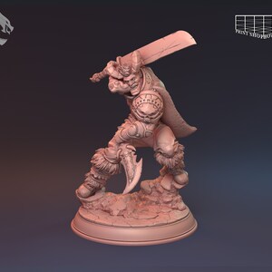 May include: A detailed figurine of a warrior in a dynamic pose, wielding a large sword. The figure is clad in armor with fur accents, and stands on a textured base. The overall color is a muted, neutral tone.