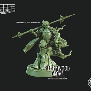 May include: A green plastic miniature figurine of an elf warrior holding a spear. The elf is wearing armor and a cloak. The base of the miniature is round and has the words "Elvenwood Grove" and "patreon.com/castnplay" printed on it.