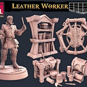 レザーワーカーミニチュアセット | D&D、パスファインダー、その他のRPG用 | 32mm | STLミニチュア