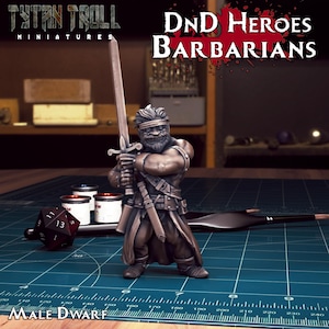 Combat-happy dwarf miniature | Sword Wielding Dwarf Barbarian Figure | for D&D 5e, Pathfinder and other RPG&#39;s | 28mm |  32mm | 75mm