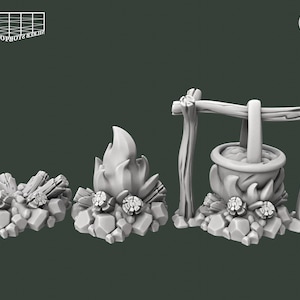 May include: A set of three miniature fantasy camp scene elements. Includes a pile of logs, a stylized flame, and a cooking pot suspended over a fire. All elements are in a neutral grey colour, suitable for painting.
