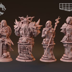 May include: Four miniature figurines of fantasy characters, each standing on a stone base. The figures are painted in a light brown color and appear to be made of resin. The figures include a female warrior with a sword, a male warrior with an axe, a female mage with a staff, and a male warrior with a shield.