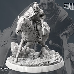 May include: A gray 3D printed miniature of a knight riding a horse, holding a sword and shield. The knight is wearing armor and a helmet with a plume. The horse is detailed with a saddle and bridle. The miniature is set on a round base with a textured surface.