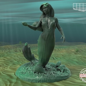 Peut inclure: Statue de sirène turquoise avec de longs cheveux et une robe fluide. La sirène est posée avec un bras tendu. La statue est sur une base ressemblant à un récif corallien. L'image comprend le texte "PRINT SHOP BOYZ" et "OFFICIAL SELLER".