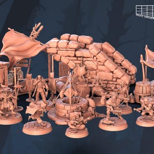 May include: A set of 3D printed miniature figures depicting a medieval marketplace scene. The figures are painted in a light brown color and include a variety of characters, such as merchants, customers, and a well. The scene also includes a stone wall, a wooden stall, and a variety of other details.