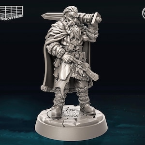 May include: A detailed miniature figurine of a dwarf warrior, holding a sword and wearing a fur-lined cloak and leather armor. The figurine is standing on a circular base with a decorative design.