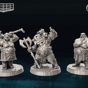 May include: Three miniature figurines of fantasy warriors, each with a unique pose and weapon. The figures are made of a gray, unpainted plastic and are ready to be painted.