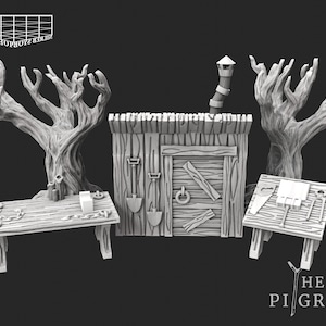 May include: A grayscale 3D-printed diorama scene featuring a wooden outhouse, two stylized trees, and two work tables. The outhouse has a door with a latch and tools hanging on the wall. The tables have tools and other objects on them. The scene is set against a dark background.