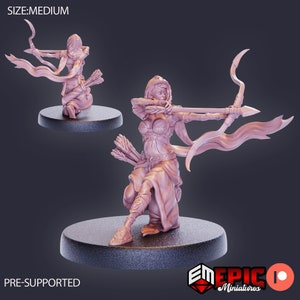 May include: A pink 3D printed miniature of a female elf archer with a bow and arrow. The elf is wearing a hooded cloak and a skirt. The miniature is pre-supported and ready to be printed.