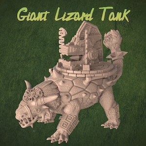 May include: A 3D printed miniature of a giant lizard tank. The lizard is brown and has a spiked shell. The tank is a small building with a turret on top. The miniature is on a green background.