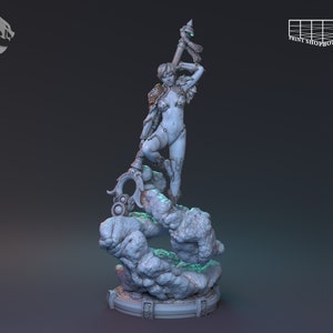 May include: A white painted miniature figurine of a female warrior standing on a rocky base. She is holding a staff with a decorative orb at the top. The base is painted in shades of gray and white, with hints of green.