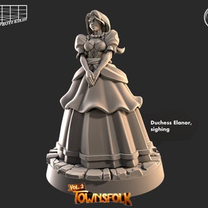 Op de afbeelding: Een 3D-geprint miniatuur van een vrouw in een lange, vloeiende jurk, met haar handen voor zich gevouwen. Ze heeft een bezorgde uitdrukking op haar gezicht. Het miniatuur is getiteld "Hertogin Elanor, zuchtend" en maakt deel uit van de collectie "Townsfolk Vol. 2".
