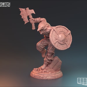 May include: A miniature figurine of a fantasy warrior with a horned helmet, holding a battle axe and a shield. The figure is painted in a light brown color and is standing on a circular base.