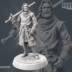 Riddarlig säkerhetsvakt utan hjälm miniatyr | Vaktsvärdskämpe figur | NPC Townsfolk | för D&D 5e, Pathfinder och andra RPG:er | 32 mm | 75 mm No Helmet