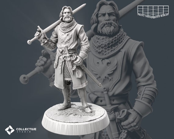 Ritterlicher Wachmann ohne Helm Miniatur | Guard Sword Fighter Figure | NPC Townsfolk | for D&D 5e, Pathfinder and other RPG's | 32mm | 75mm