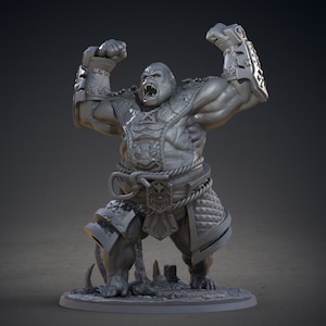 May include: A gray, detailed miniature figurine of a gorilla wearing armor and a loincloth, with its arms raised in a triumphant pose.