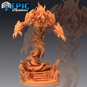 May include: A miniature figurine of a fire elemental, a creature made of flames with a skeletal head and clawed hands. The figurine is standing on a base with a rocky texture.