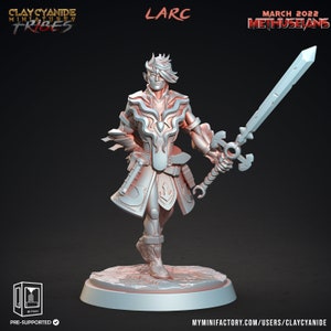 May include: A grey 3D printed miniature of a fantasy character holding a sword. The character has pointed ears, a long, flowing hairstyle, and is wearing armor with a flowing cape. The miniature is pre-supported and is part of the Clay Cyanide Miniatures Tribes collection.