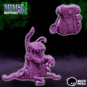 May include: A purple monster figurine with a large mouth and multiple limbs, alongside a matching backpack. The figurine has a detailed, textured surface. The image also includes the text "MIMIC NIGHTMARES II" and the Black Skull Studio logo.