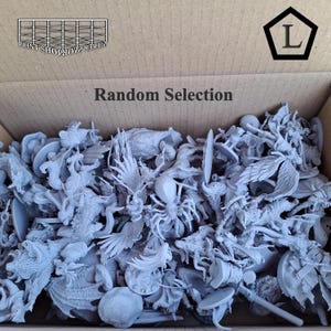 May include: A cardboard box filled with a random selection of gray miniature figurines. The box is labeled "Random Selection" and contains various fantasy creatures and characters, including winged figures and spiders.