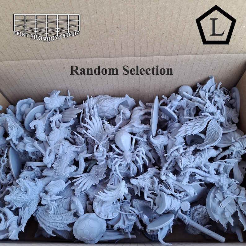 May include: A cardboard box filled with a random selection of gray miniature figurines. The box is labeled "Random Selection" and contains various fantasy creatures and characters, including winged figures and spiders.