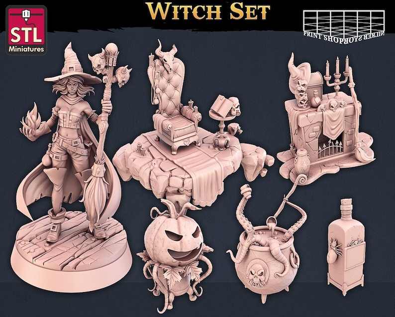 Witch Miniature Set | for D&D, Pathfinder and other RPG's | 32mm | STL miniatures Complete Set