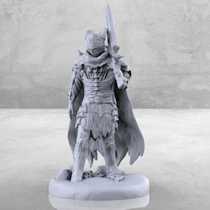 May include: A grey 3D printed miniature of a knight in armour holding a sword. The knight is wearing a helmet with horns and a cape. The miniature is standing on a round base.