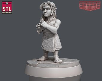 May include: A 3D printed miniature of a female elf with long hair, wearing a simple dress and standing on a circular base. The miniature is painted in a light gray color.