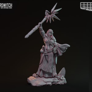 May include: A white painted miniature figurine of a female wizard holding a staff with a starburst design. The wizard is wearing a long robe and a hood. The figurine is standing on a rocky base.