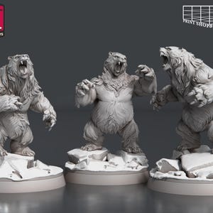 May include: Three 3D printed polar bear miniatures in a roaring pose, standing on rocky bases. The bears are detailed with fur and claws.
