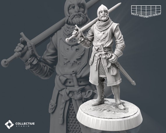Ritterlicher Wachmann mit Helm Miniatur | Guard Sword Fighter Figure | NPC Townsfolk | for D&D 5e, Pathfinder and other RPG's | 32mm | 75mm