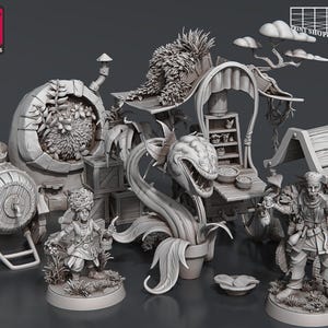 May include: A set of grey 3D-printed miniatures depicting a fantasy scene. The collection includes a wagon, a large plant with a toothy mouth, and several figures. Ideal for tabletop gaming or display, the miniatures are highly detailed.