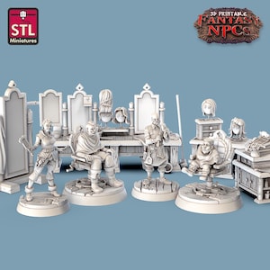May include: A set of 3D printable fantasy non-player characters (NPCs) for tabletop role-playing games. The set includes a barber, a customer, and a shopkeeper. The figures are detailed and ready to be printed.