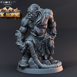 May include: A gray plastic miniature figurine of an Orc warrior holding a weapon. The Orc is wearing a loincloth and has a fierce expression on its face. The miniature is standing on a round base.