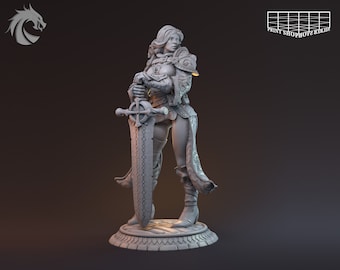 May include: A gray, detailed miniature figurine of a female warrior wearing armor and holding a sword. The figurine is standing on a circular base with intricate details.