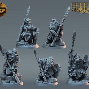 May include: Five miniature figurines of dwarves, each holding a spear and shield. The dwarves are wearing armour and have beards. The figurines are painted in a grey colour.