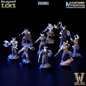 May include: A group of ten painted miniature figures of Vikings, each with a unique pose and weapon, standing on circular bases. The figures are painted in shades of brown, grey, and silver, with details in black and red. The figures are arranged in a semi-circle, with the text "VIKINGS" at the top of the image.