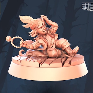 May include: A 3D-printed miniature of a seated character in a Renaissance-style outfit, holding a beaded chain. The figure wears a feathered hat and a smiling expression. The base is a light brown color, and the figure is a peach color. The text "STL Miniatures" is in the upper left corner.