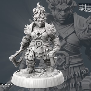 May include: A miniature figurine of a dwarf warrior with a fiery mane, wearing armour and wielding two axes. The figurine is painted in a grey colour scheme and is standing on a round base.