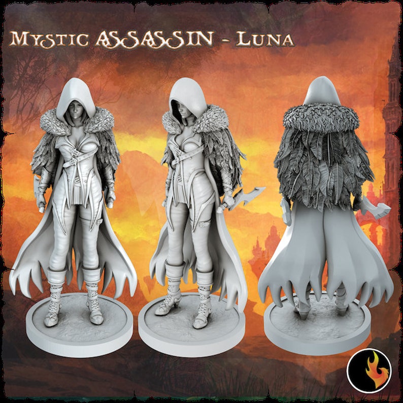 May include: A gray painted miniature figurine of a female character wearing a hooded cloak with a fur collar and holding a dagger. The character is standing on a round base. The background is a blurred image of a sunset.