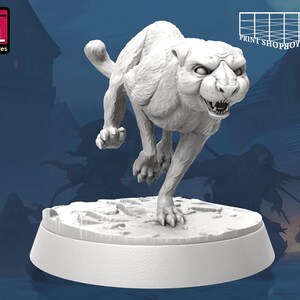 May include: A white 3D printed miniature of a snarling, white panther or cheetah, standing on a round base. The miniature is posed in a running stance, with its mouth open and teeth bared.