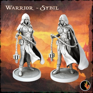 May include: A white painted miniature figurine of a female warrior wearing a hooded robe and holding a chain with a spiked ball. The figurine is standing on a round base. The text "WARRIOR - SYBIL" is visible at the top of the image.