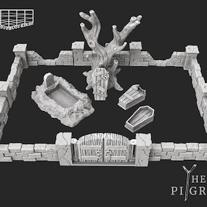May include: A gray miniature graveyard scene with a stone wall, gate, tree, and various coffins. The scene includes a tomb, a tree with bare branches, and the text "THE PILGRIM" and "PRINT SHOPBOYZ" in the image.
