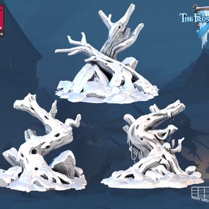 Ensemble miniature d'arbres d'hiver | Pack de figurines d'arbre mort recouvert de neige | Terrain de la ville de givre | pour les TTRPG comme D&D 5e Pathfinder et autres | 32 mm