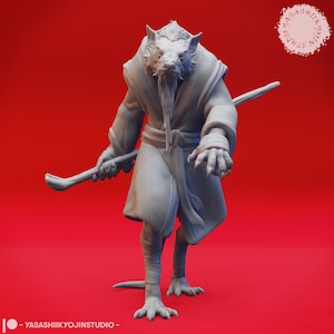 May include: A gray 3D printed miniature of a rat-like creature wearing a robe and holding a staff. The creature has a long snout, sharp claws, and a long tail.